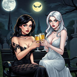 A realistic comic book version featuring a very beautiful, attractive, stunning, curvy shapely girl with white hair, dressed in a tight low-cut long black lace gown