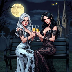 A realistic comic book version featuring a very beautiful, attractive, stunning, curvy shapely girl with white hair, dressed in a tight low-cut long black lace gown