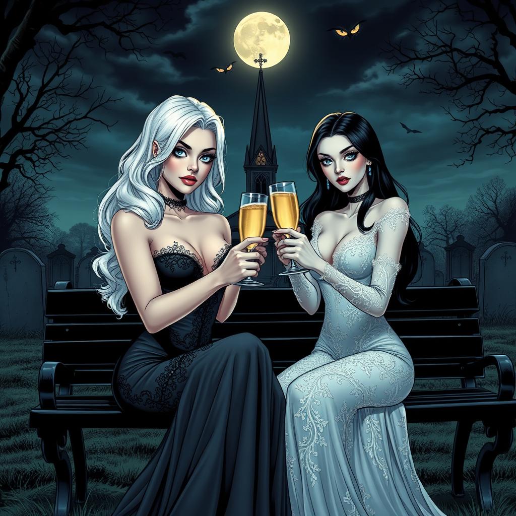 A realistic comic book version featuring a very beautiful, attractive, stunning, curvy shapely girl with white hair, dressed in a tight low-cut long black lace gown