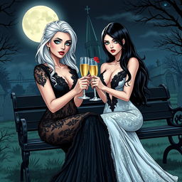 A realistic comic book version featuring a very beautiful, attractive, stunning, curvy shapely girl with white hair, dressed in a tight low-cut long black lace gown