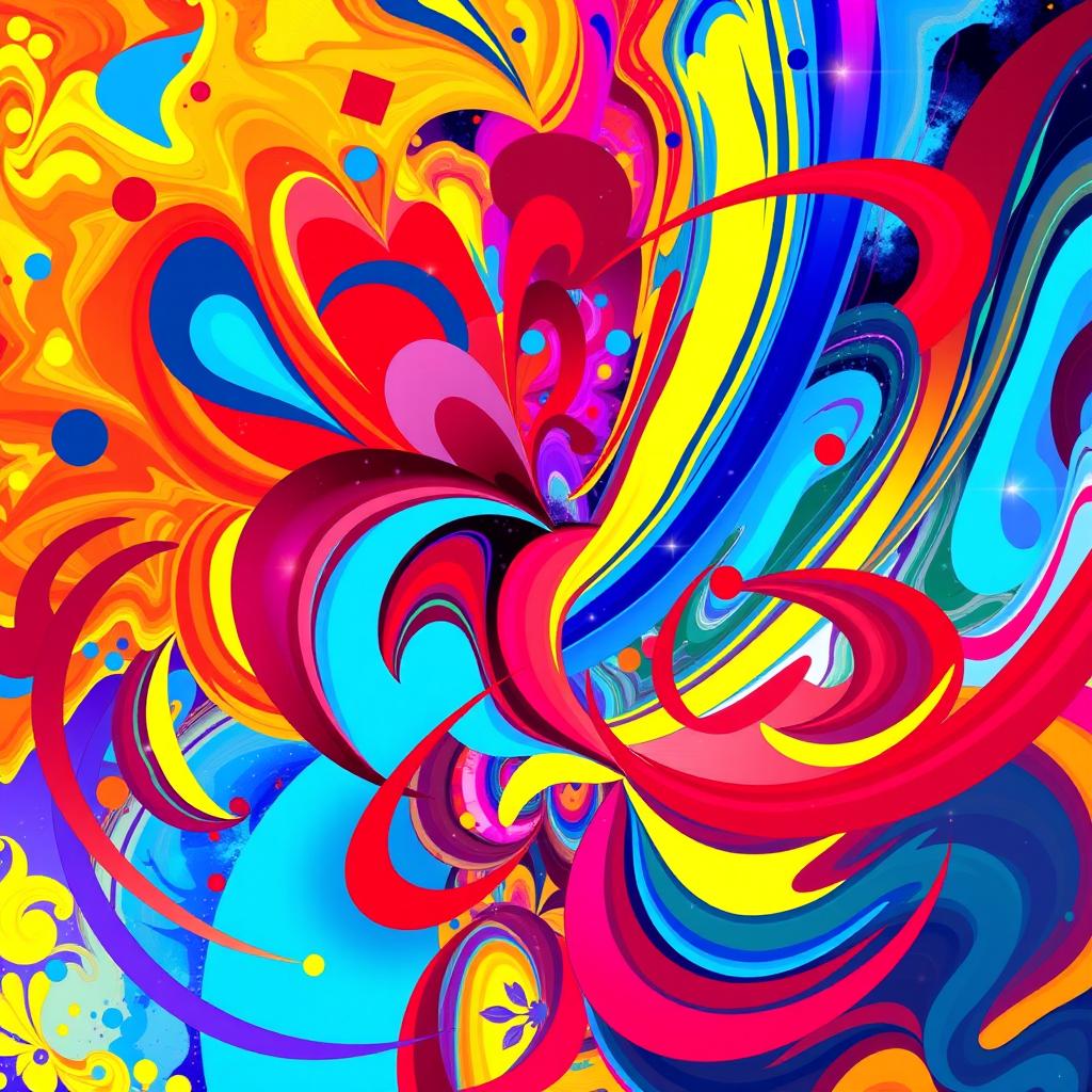 A vibrant and colorful abstract art piece with an explosion of colors like bright reds, blues, and yellows