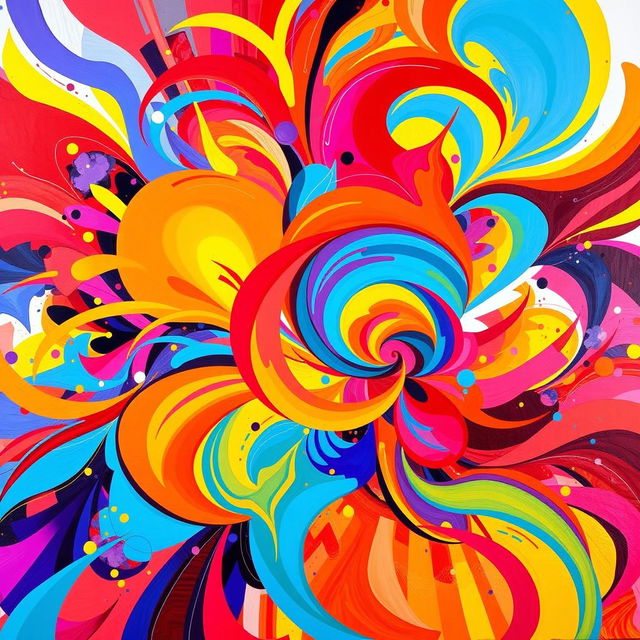 A vibrant and colorful abstract art piece with an explosion of colors like bright reds, blues, and yellows