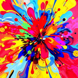 A vibrant and colorful abstract art piece with an explosion of colors like bright reds, blues, and yellows