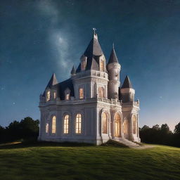 A breathtaking silver castle under a starry sky with one light illuminating an ornate window.