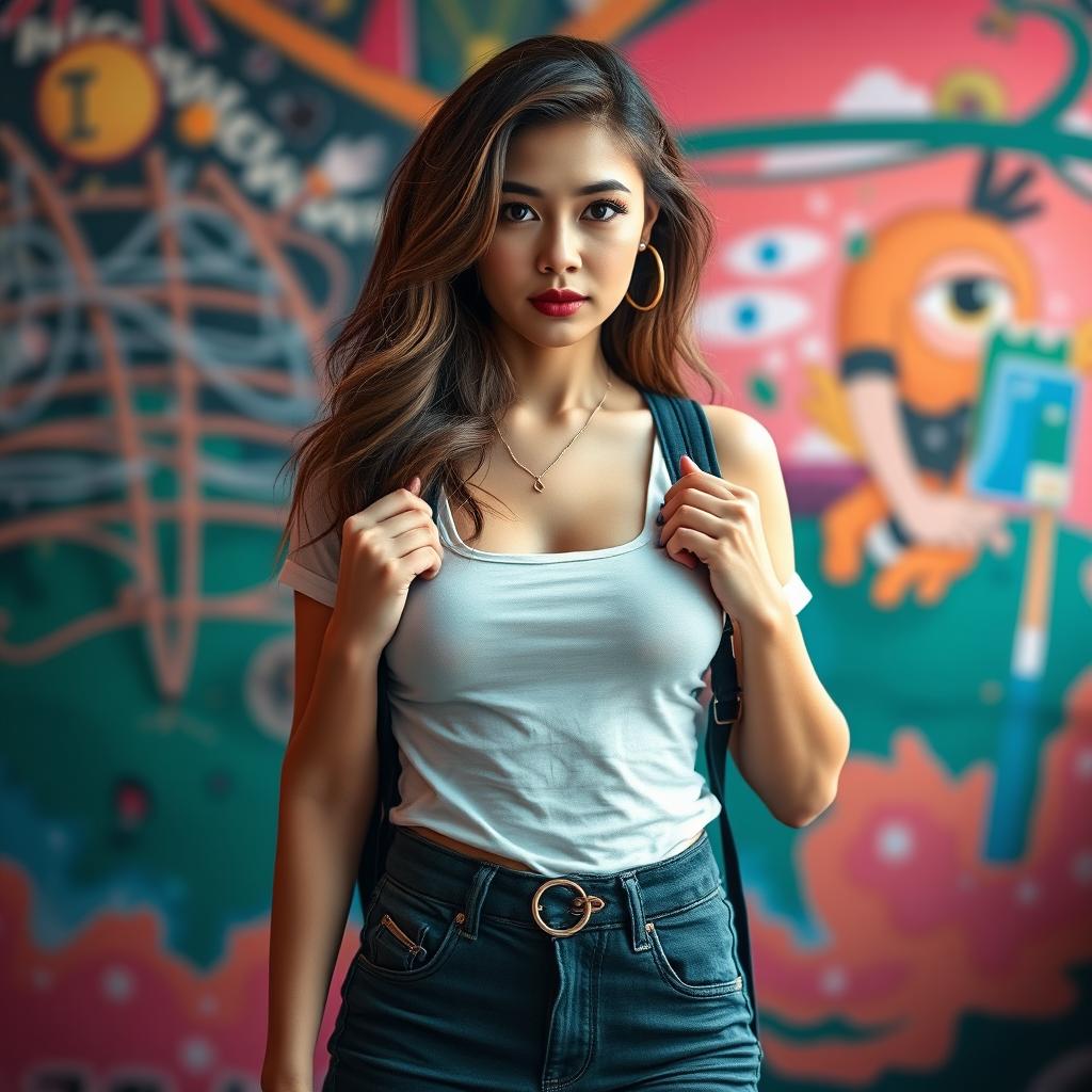An attractive 25-year-old woman dressed in a stylish student outfit stands front-facing to the camera, showcasing her breathtaking beauty and playful, provocative expression