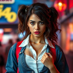 An attractive 25-year-old woman dressed in a stylish student outfit stands front-facing to the camera, showcasing her breathtaking beauty and playful, provocative expression