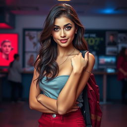 An attractive 25-year-old woman dressed in a stylish student outfit stands front-facing to the camera, showcasing her breathtaking beauty and playful, provocative expression