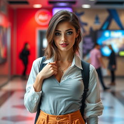 An attractive 25-year-old woman dressed in a stylish student outfit stands front-facing to the camera, showcasing her breathtaking beauty and playful, provocative expression
