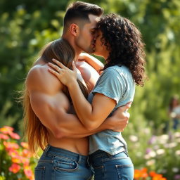 A romantic scene depicting a girl and a muscular guy embracing in a passionate kiss