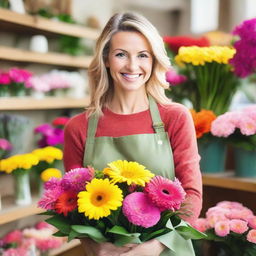 A cheerful florist, surrounded by vibrant and colorful assortment of flowers in a cozy, well-lit flower shop.