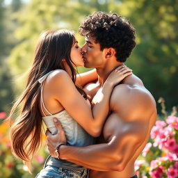 A romantic scene depicting a girl and a muscular guy embracing in a passionate kiss