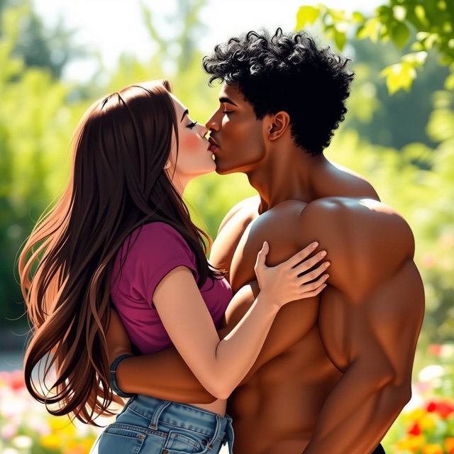 A romantic scene depicting a girl and a muscular guy embracing in a passionate kiss