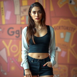 A stunning 25-year-old woman dressed in a sexy student outfit stands front-facing to the camera, radiating beauty and charm