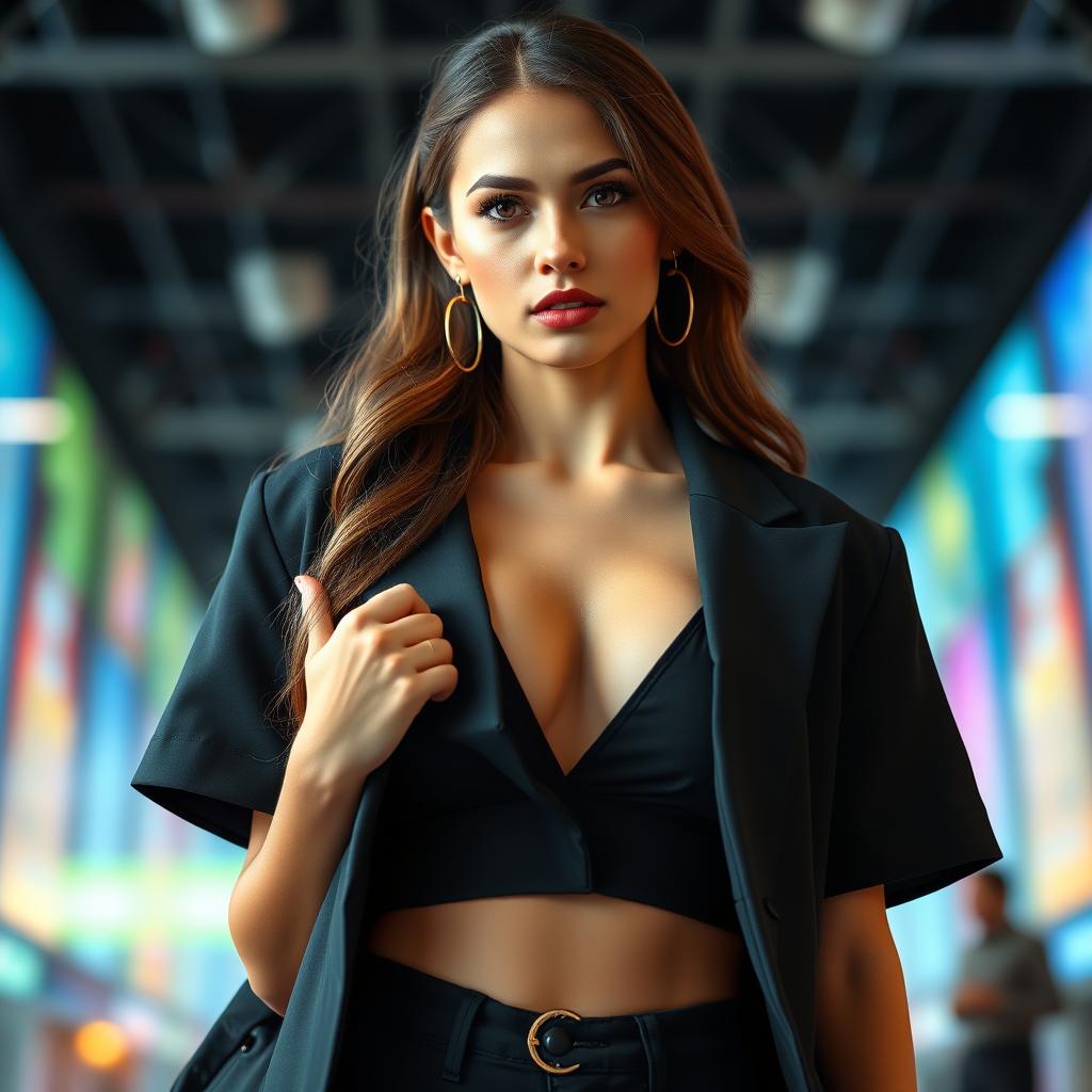 A stunning 25-year-old woman dressed in a sexy student outfit stands front-facing to the camera, radiating beauty and charm