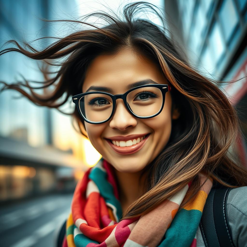 A close-up portrait of a modern woman with flowing long hair, wearing stylish glasses, and a colorful scarf around her neck