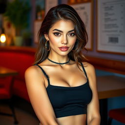 A gorgeous 25-year-old woman dressed in a sexy student outfit stands front-facing to the camera, showcasing her striking beauty and a playful, provocative expression