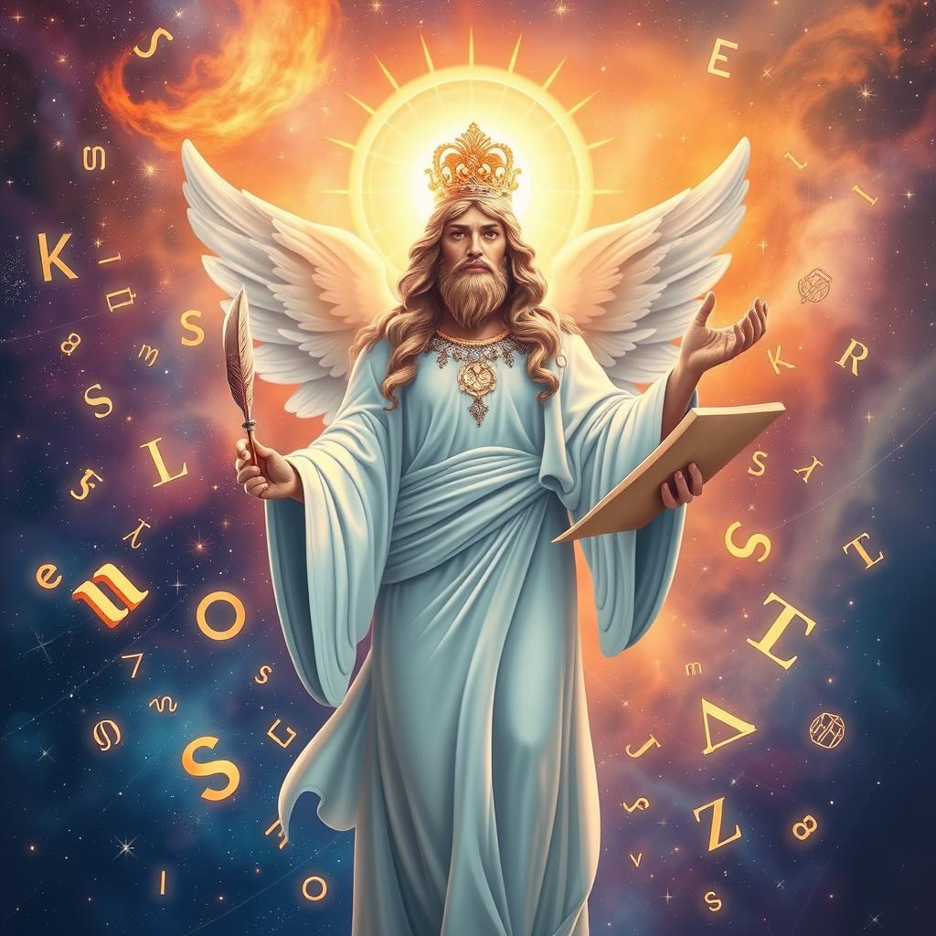 A divine figure representing text and communication, illustrated with a heavenly glow, surrounded by floating letters and symbols that represent various languages