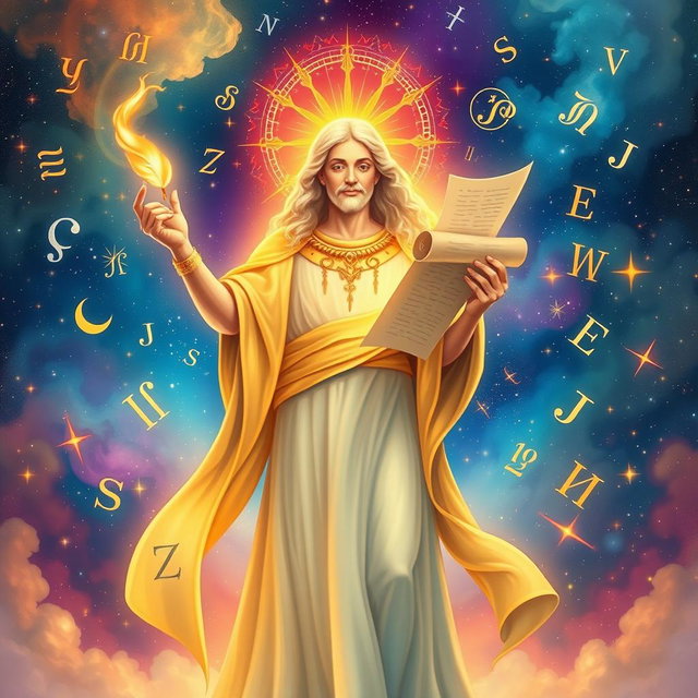 A divine figure representing text and communication, illustrated with a heavenly glow, surrounded by floating letters and symbols that represent various languages