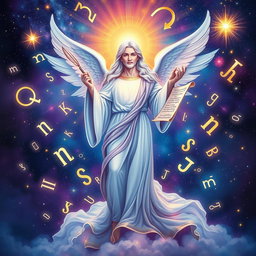 A divine figure representing text and communication, illustrated with a heavenly glow, surrounded by floating letters and symbols that represent various languages