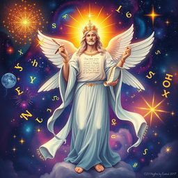 A divine figure representing text and communication, illustrated with a heavenly glow, surrounded by floating letters and symbols that represent various languages