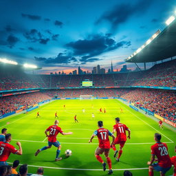 A vibrant and dynamic world of football, showcasing an expansive stadium packed with enthusiastic fans wearing colorful jerseys