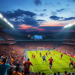 A vibrant and dynamic world of football, showcasing an expansive stadium packed with enthusiastic fans wearing colorful jerseys