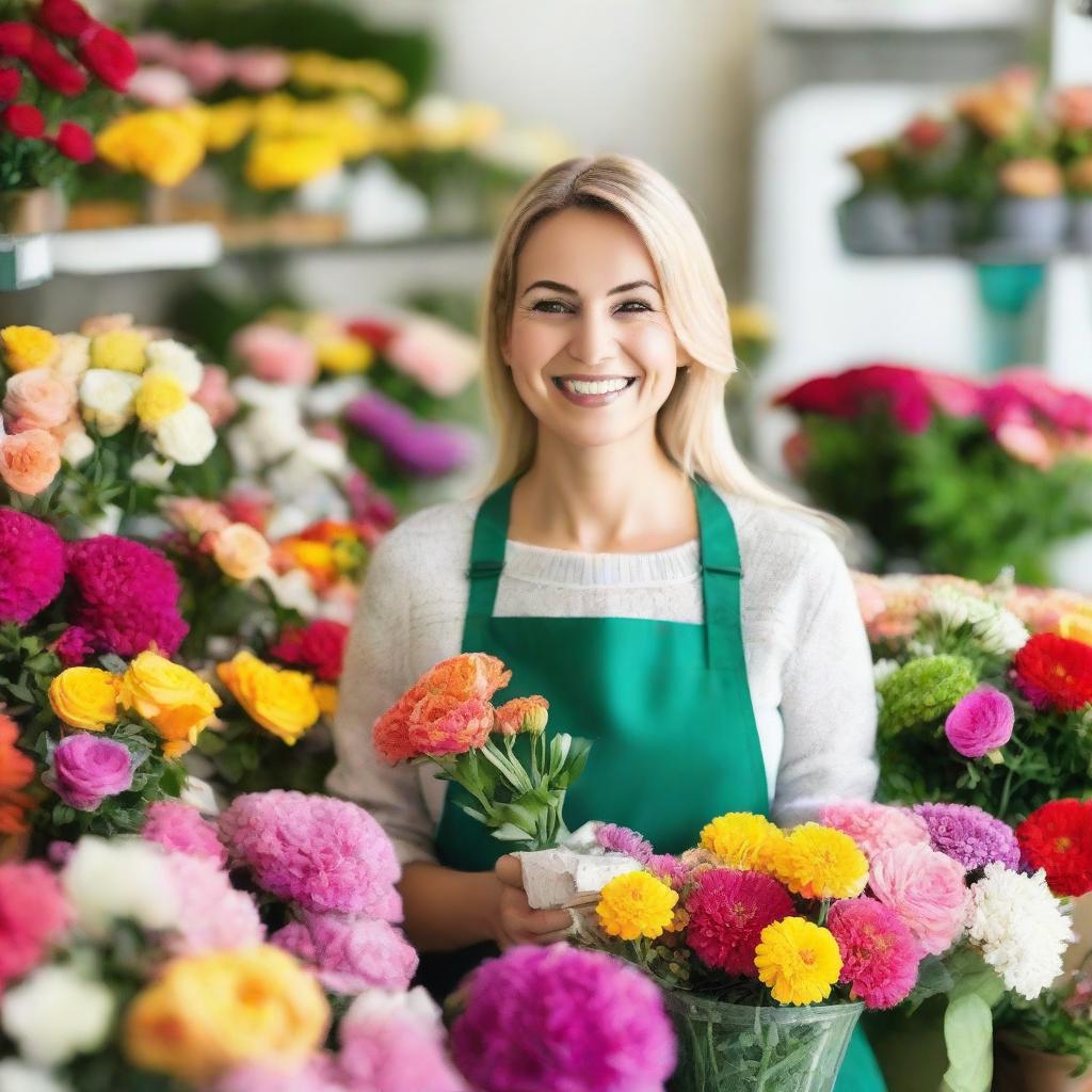 A cheerful florist, surrounded by vibrant and colorful assortment of flowers in a cozy, well-lit flower shop.