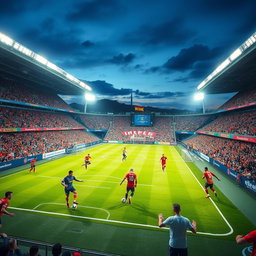 A vibrant and dynamic world of football, showcasing an expansive stadium packed with enthusiastic fans wearing colorful jerseys