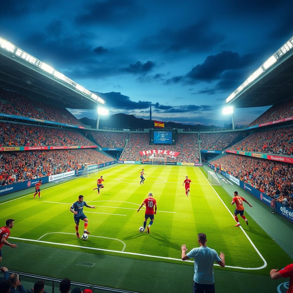 A vibrant and dynamic world of football, showcasing an expansive stadium packed with enthusiastic fans wearing colorful jerseys