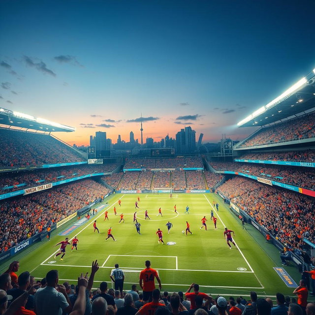 A vibrant and dynamic world of football, showcasing an expansive stadium packed with enthusiastic fans wearing colorful jerseys
