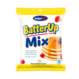A visually appealing sachet design for a pancake mixture called 'BatterUp Mix' created by 'NourishBite Corp'