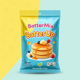 A visually appealing sachet design for a pancake mixture called 'BatterUp Mix' created by 'NourishBite Corp'