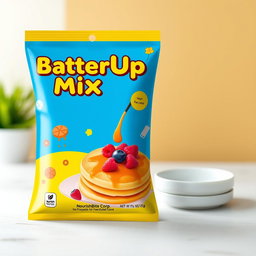 A visually appealing sachet design for a pancake mixture called 'BatterUp Mix' created by 'NourishBite Corp'