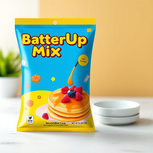 A visually appealing sachet design for a pancake mixture called 'BatterUp Mix' created by 'NourishBite Corp'