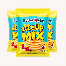 A visually appealing sachet design for a pancake mixture called 'BatterUp Mix' created by 'NourishBite Corp'
