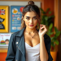 A beautiful 25-year-old woman dressed in a chic student outfit stands confidently front-facing towards the camera