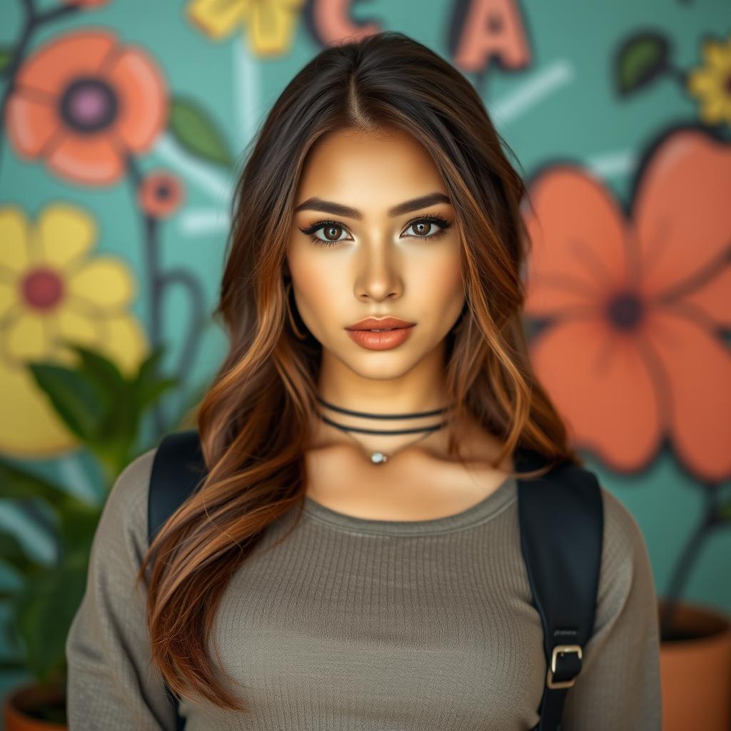 A beautiful 25-year-old woman dressed in a chic student outfit stands confidently front-facing towards the camera