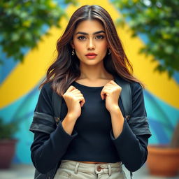 A beautiful 25-year-old woman dressed in a chic student outfit stands confidently front-facing towards the camera