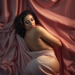 A woman in an elegant, artistic pose, surrounded by soft, flowing drapes that create a sense of intimacy
