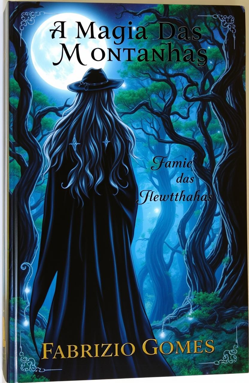A captivating book cover depicting a witch seen from behind, walking through an enchanting forest on a full moon night