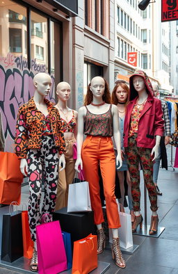 A collection of fast fashion garments displayed in an urban setting, showcasing the vibrant and eclectic styles characteristic of fast fashion