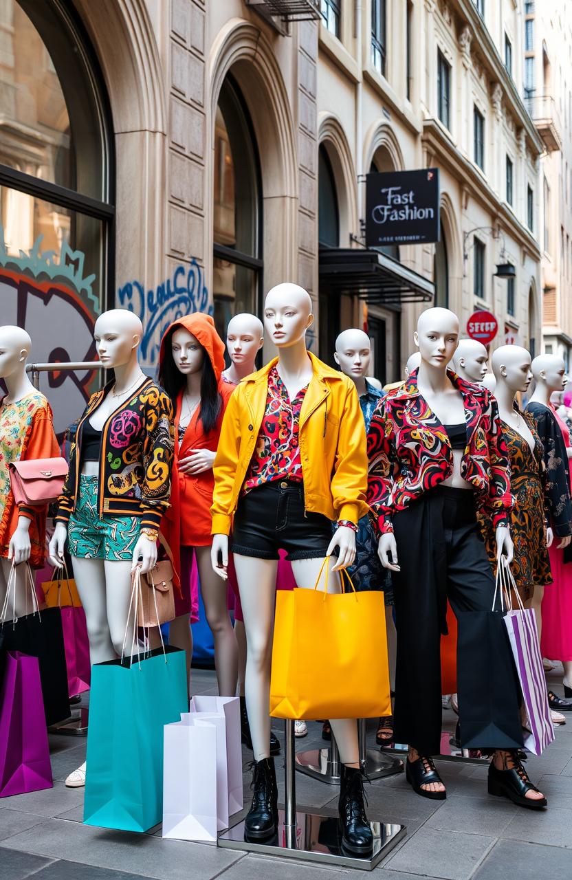 A collection of fast fashion garments displayed in an urban setting, showcasing the vibrant and eclectic styles characteristic of fast fashion