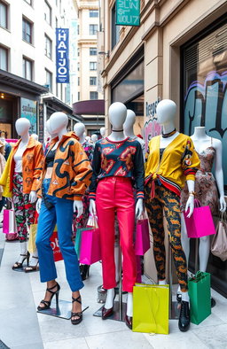 A collection of fast fashion garments displayed in an urban setting, showcasing the vibrant and eclectic styles characteristic of fast fashion