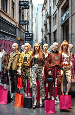 A collection of fast fashion garments displayed in an urban setting, showcasing the vibrant and eclectic styles characteristic of fast fashion