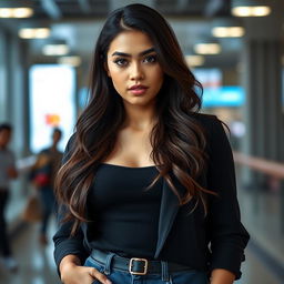 A beautiful 25-year-old woman dressed in a stylish student outfit stands confidently front-facing towards the camera