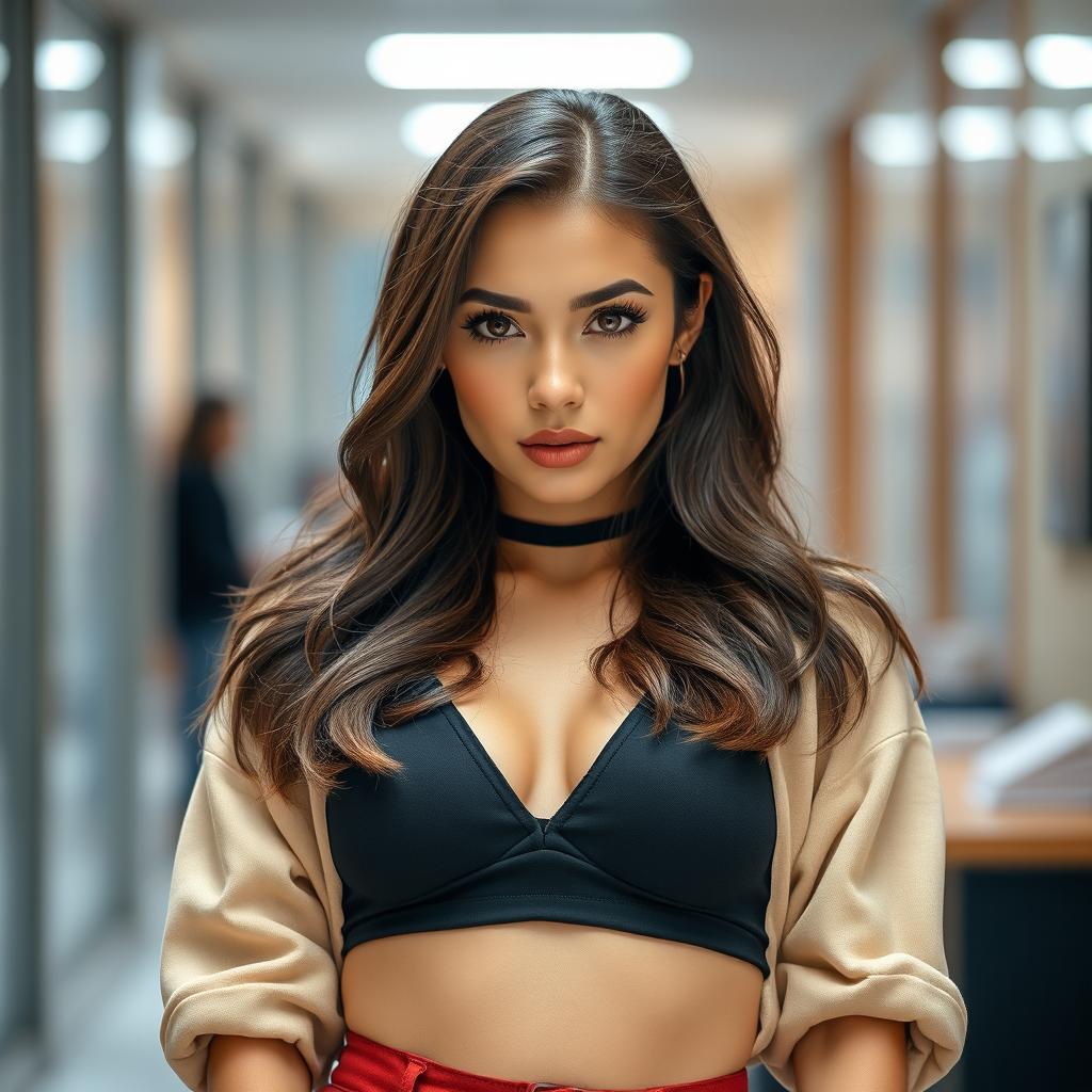 A beautiful 25-year-old woman dressed in a stylish student outfit stands confidently front-facing towards the camera