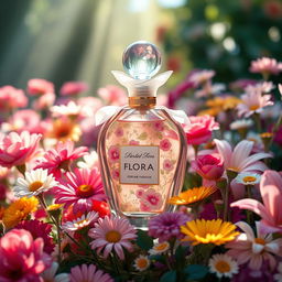 A beautifully designed perfume bottle inspired by flora, featuring delicate floral patterns and vibrant colors