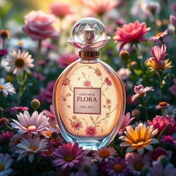 A beautifully designed perfume bottle inspired by flora, featuring delicate floral patterns and vibrant colors