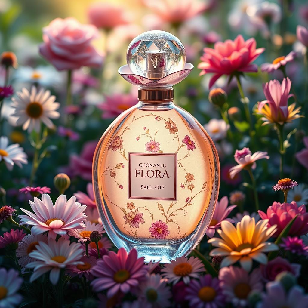 A beautifully designed perfume bottle inspired by flora, featuring delicate floral patterns and vibrant colors