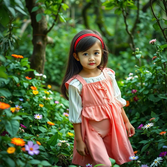 A young girl in a lush green forest, wearing a pink dress over a white blouse with black stripes
